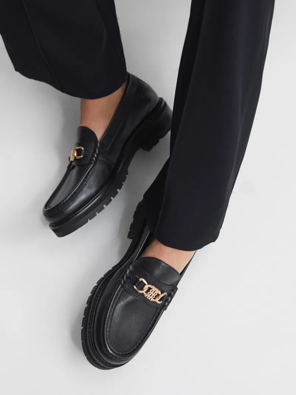 Reiss Black Leather Chunky Loafers with Gold Chain Detail